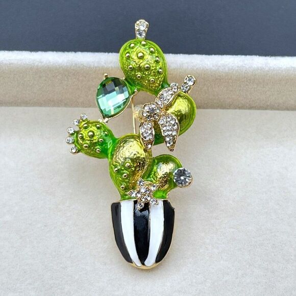 Yellow Gold with Emerald and Diamond Potted Cactus Plant Enamel Pin Back Brooch - Picture 7 of 9
